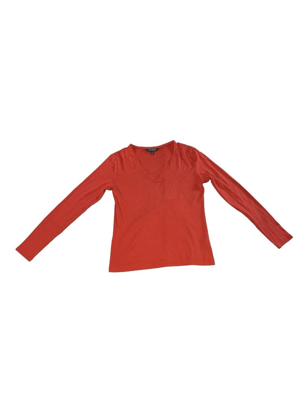 Lauren Ralph Lauren Women’s Medium Red V-Neck Long Sleeve Shirt Button Shoulder